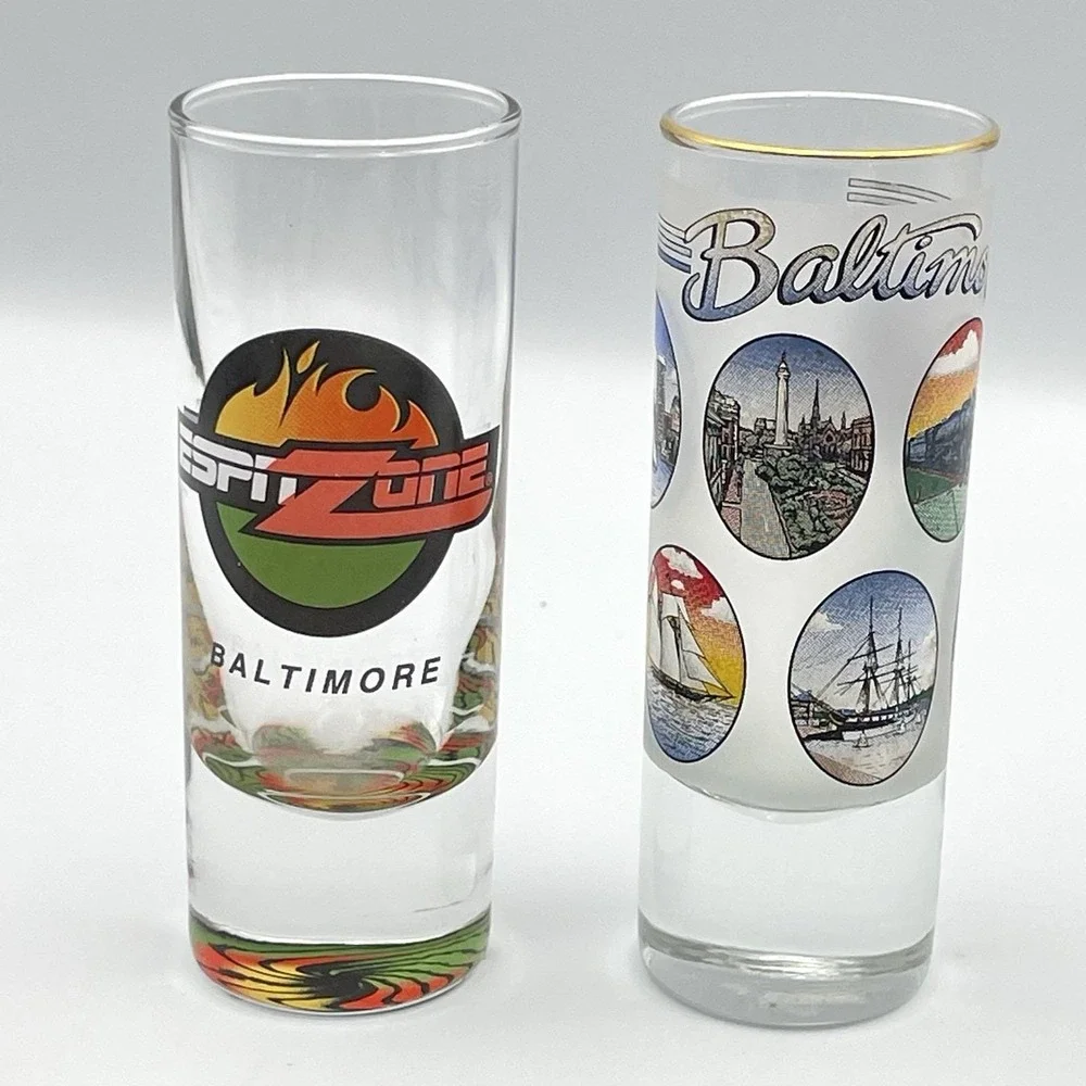 Vintage Baltimore Shot Glasses Set of 2 ESPN Zone Souvenir Gold‎ Rim 1990s